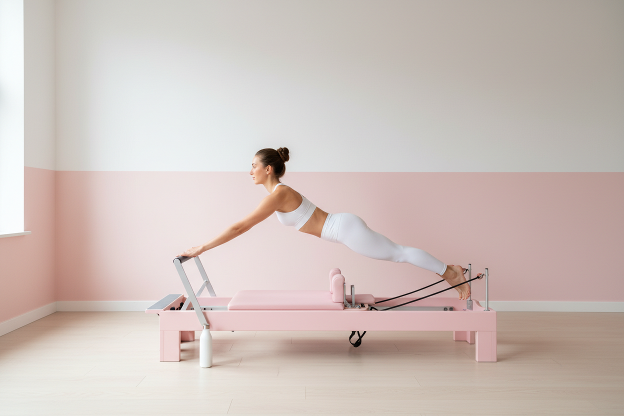 exactly that but in a calm pastel pink room with a model in a white athletic set